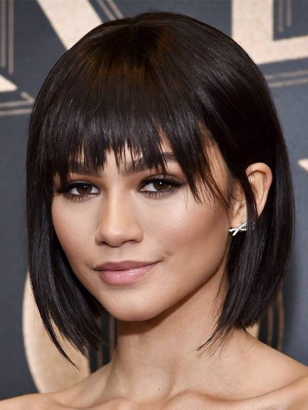 Chin Length Natural Black Straight Bob Wig with Playful Fringe - Rewigs