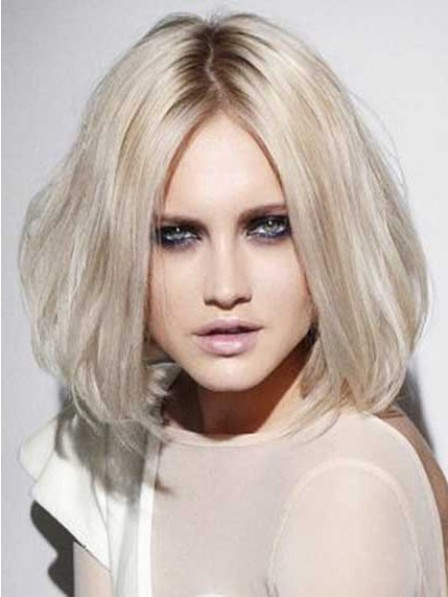 Shoulder Length White Blonde Bob Cut Synthetic Hair Wig With Lace