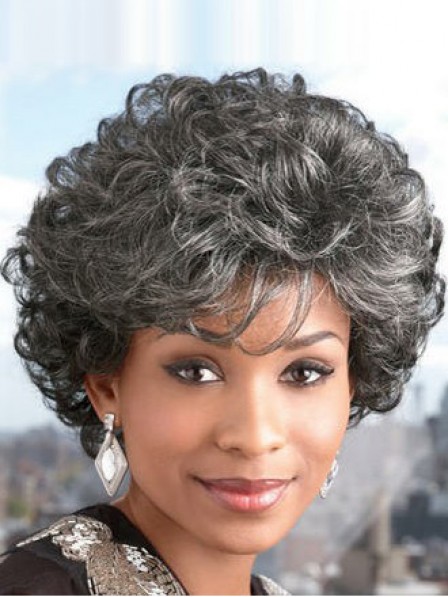 Short Curly Capless Grey Wigs With Bangs